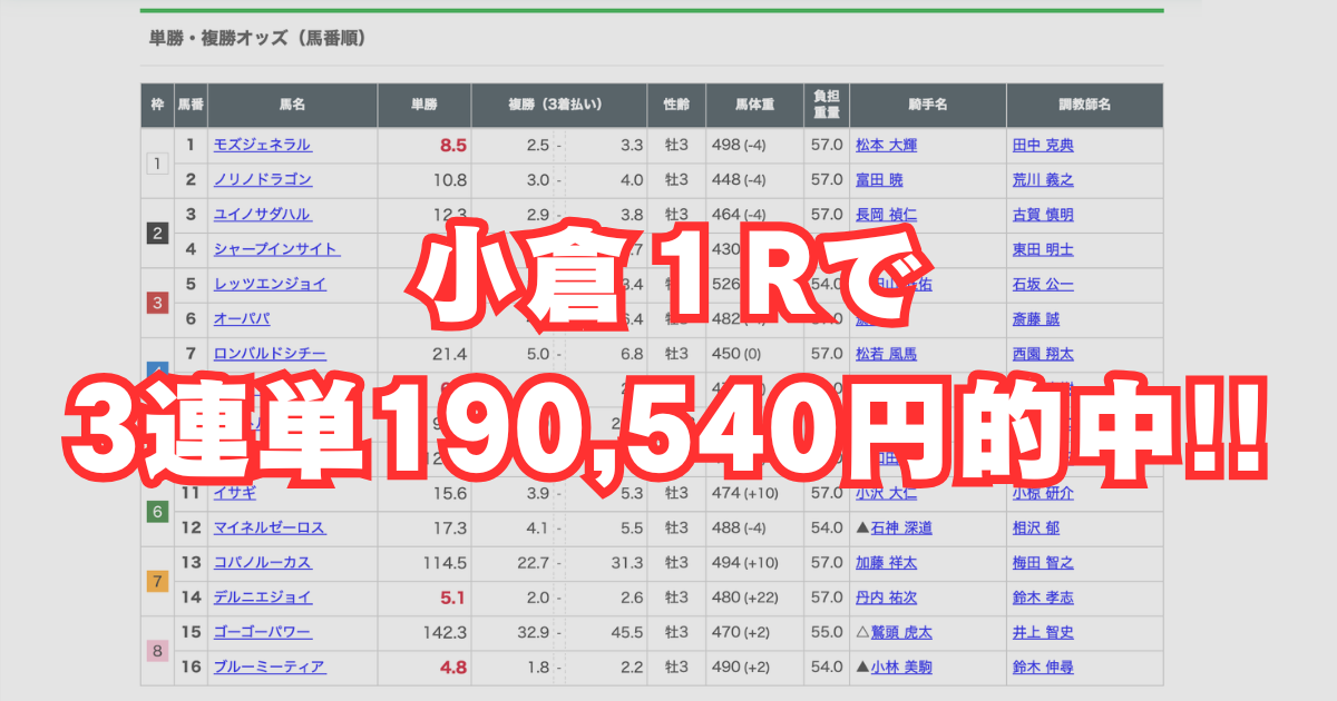競馬 万馬券 2026年 3連単 的中 馬券 小倉競馬場 マイネルゼーロス